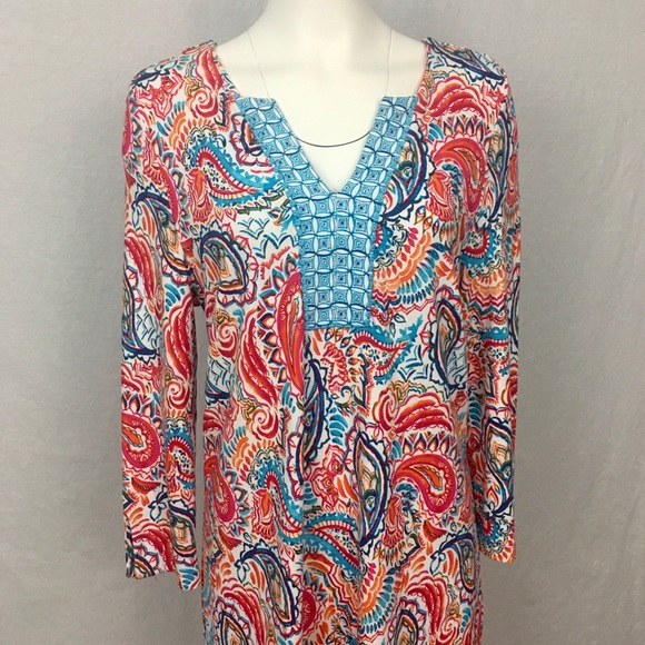Crown & Ivy Petite XL Dress 3/4 Sleeve Split Front V-Neck Stretch Vibrant Print - Picture 3 of 16